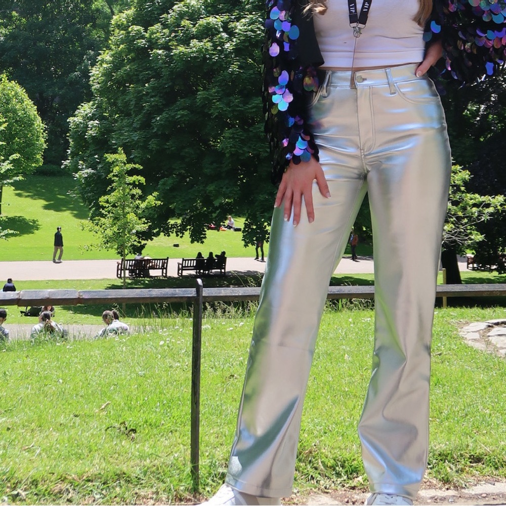 silver Abercrombie faux leather pants